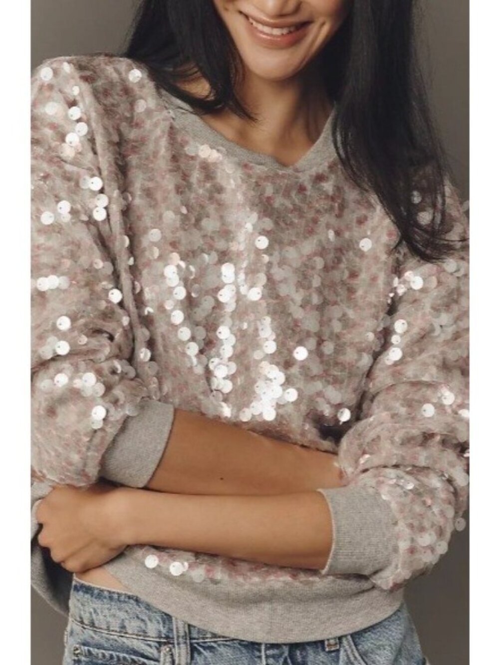 Anthropologie Maeve Long Sleeve Sequin Sweatshirt Clear Pink Gray XS NWT